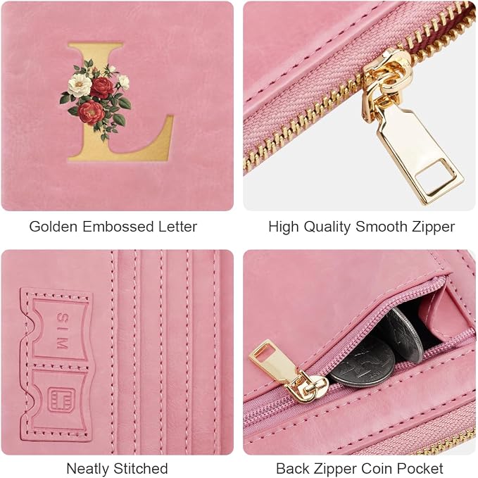 Passport Holder for Travel Personalized Wallet with Wristlet Women | All-in-One Passport Cover, RFID Blocking, Back Coin Pocket, Paper Money Slot, Zipper Closure, Roses Initial Letter, Pink L