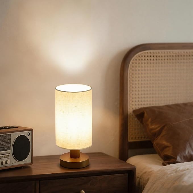 Bedside Lamps Set of 2, Bamboo Small Table Lamp for Nightstand | 10'' Minimalist Nightstand Lamps for Bedroom, Modern Desk Lamp for Living Room, E26, Walunt, Linen Shade