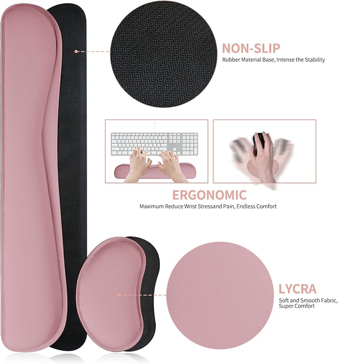 Mouse Pad and Keyboard Wrist Rest, 3-in-1 Keyboard and Mouse Pad | 27.6" x 13.8" Dusty Pink Desk Mat Set,Ergonomic Wrist Rest for Computer Keyboard, Non-slip Base, Waterproof Computer Mat