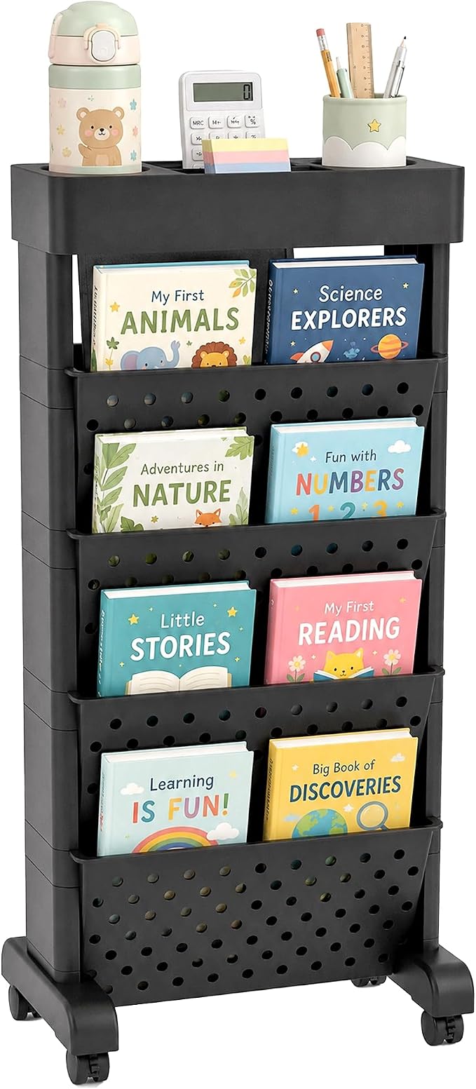BYFU 5-Tier Movable Bookshelf Cart, 26.0" H, Black | Rolling Wheels, File Paper Storage Organizer, Mobile Bookcase, For Home Office Study Classroom