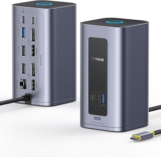 Baseus Docking Station Dual Monitor for macOS/Win, Nomos Mac Air(12 in 1) Laptop Dock Station with 4K HDMI, 10Gbps USB Ports, 1Gbps Ethernet, PD 100W(No Power Adapter)