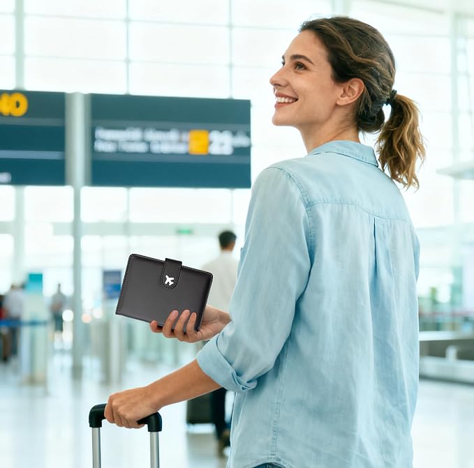 Passport Holder, Cute Travel Wallet Cover with RFID Blocking,Black | PU leather travel wallet with magnetic closure, card slots, pen loop, and easy access for passports and essentials.