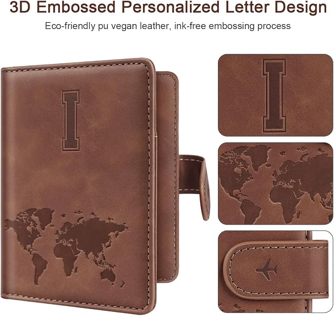 Passport Holder Wallet Cover Personalized Initial Travel Essentials | Embossed Letter A-Z Design, Travel Wallets, RFID Blocking, Passport Book Holders, Women Men, Personalized Gifts, Brown-I