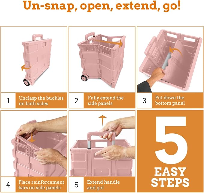 Ultra-Slim Rolling Collapsible Storage Pack-N-Roll Utility-carts, with Telescopic Handle, for Home, Garden, Shopping, Office, School use, Large, Raspberry Pink
