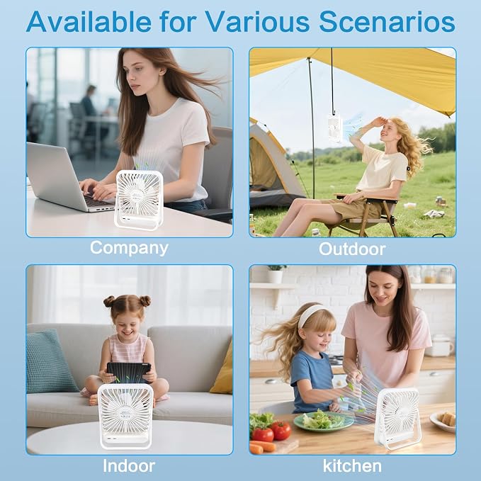 QLKUNLA 100-Speed Ultra-Quiet Desk Fan for Sleeping, 6.8" Rechargeable Portable Fan with LED Display, 180° Adjustable Head & Tripod Base - Battery/USB Powered Mini Fan for Office, Cruise, Travel