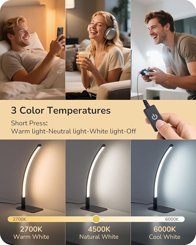 EDISHINE Curved LED Table Lamp, Modern Bedside Lamps for Bedroom, Black | 3 Color Temperature & Stepless Dimming, Aluminum & Iron, Silicone Lampshade, Ideal for Living Room, Office