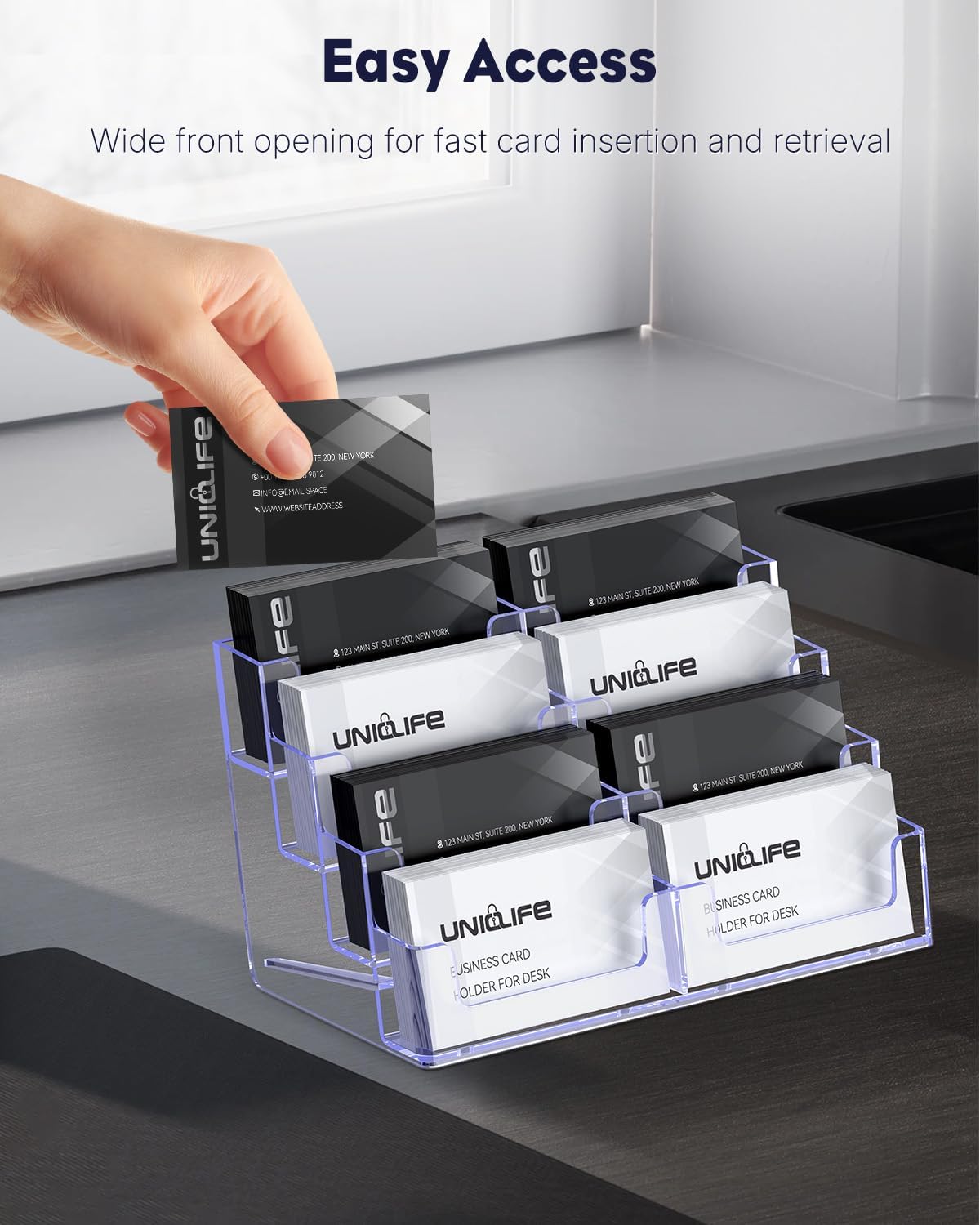 Uniclife 4 Pack Acrylic Business Card Holder for Desk 8 Slots Clear Business Card Display Stand for Men & Women Desktop Business Card Organizer Card Stand for Office Home Exhibition, 480 Card Capacity