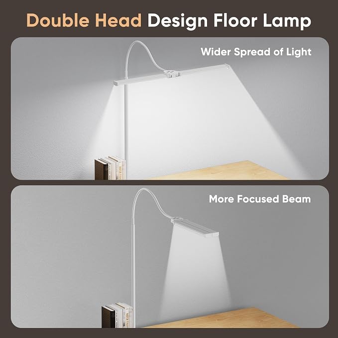 LED Floor Lamp for Living Room, Bright Reading Lamps for Office | 5 Adjustable Colors Temperatures&Brightness, Dual Head Goose Neck Standing Lamp, Remote Control, Eye-Caring Tall Lamp, White