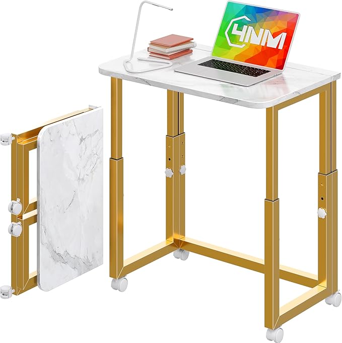 4NM No Tool Assembly 23.6" Small Desk, Folding Portable Desk with Wheels, Adjustable Height Foldable Computer Home Office Desks, Collapsible Study Writing Table for Space Saving Bedroom - White Gold