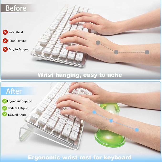 Acrylic Keyboard Stand with Cooling Gel Wrist Rest Set, Clear Ergonomic Keyboard Riser, Tilted Computer Keyboard Holder with Non-Slip Silicone for Mechanical/Wireless Keyboards, Home Office & Gaming