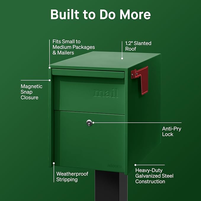 Adoorn Lockable Post Mount Mailboxes for Outside - Large Anti-Theft Locking Mailbox for Packages and Letters - Weatherproof Construction - Durable Steel - 15.5" H x 12" W x 18.5" D - Forest Green