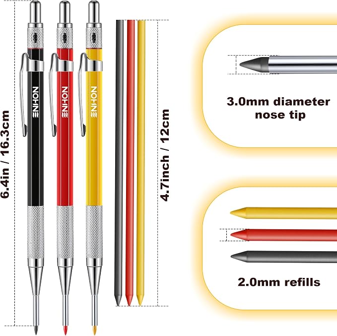 Enhon 3 Pcs 2mm Mechanical Carpenter Pencils Set with 36 Marker Refills | Extended Needle Nose Tip, 3 Color Marking Refills, Built-In Sharpener Design and Pocket Clip, Multi-Surface Woodworking Tool