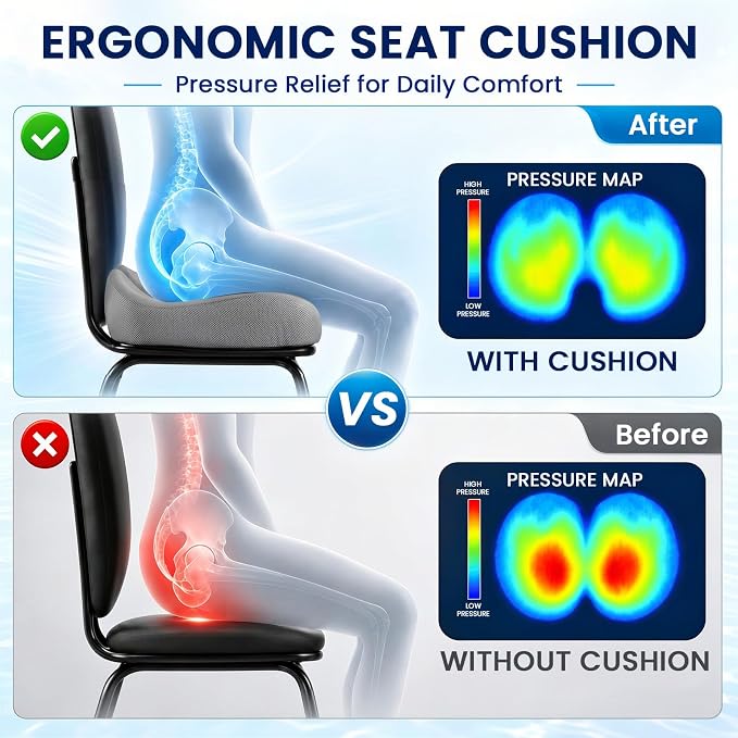 CJACSOC Seat Cushion, Extra Large Memory Foam Cushion for Office Chair Cushions, Ergonomic Cushions Pad Pillow for Pressure Relief Sciatica & Pain Relief for Long Sitting, Grey