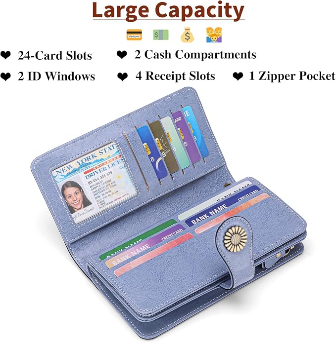 SENDEFN Wallets for Women Leather Credit Card Holder with RFID Blocking Large Capacity Wristlet | with RFID Blocking
