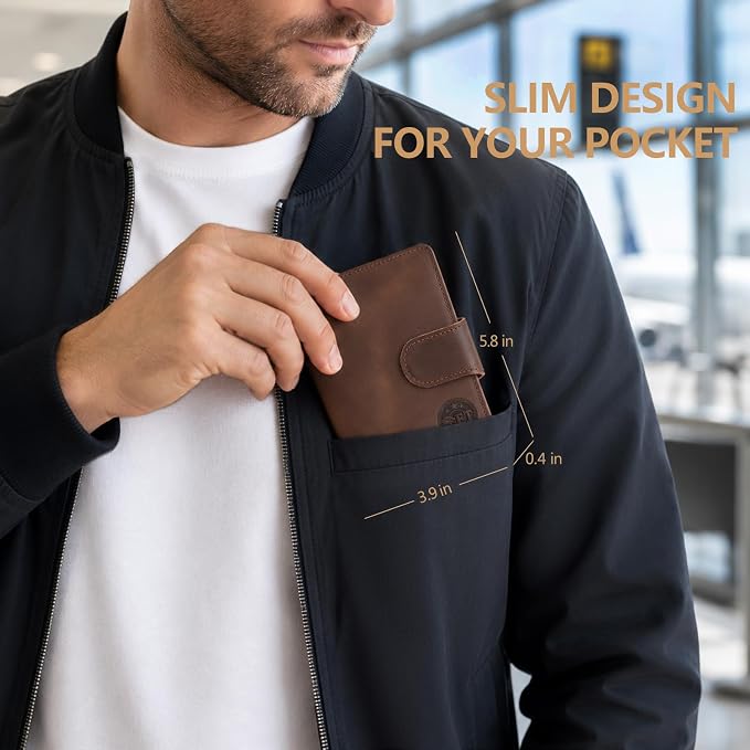 Passport Wallet for Men, Full Grain Leather Passport Holder, AirTag Slot | 2-3 Passport Capacity, Slim Design for Travel, Multiple Pockets, Magnetic Closure, RFID Blocking, Zippered Coin Pocket, Brown