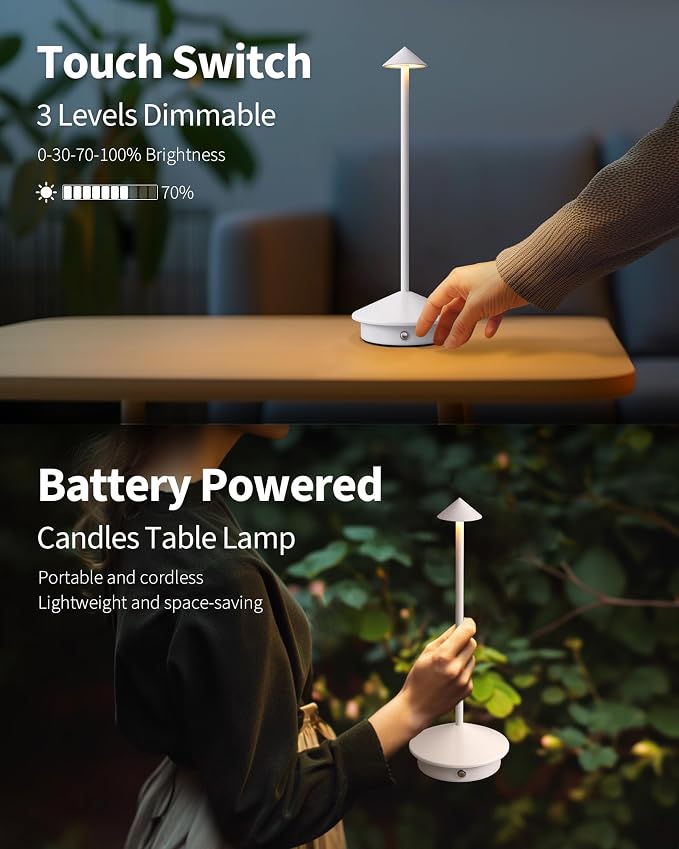 Modern Cordless Table Lamp Set of 2, White Portable LED Desk Lamps | 5000mAh, Rechargeable, Battery Operated Lighting for Bedroom, Dining Room, Restaurant, Coffee Shop, Camping, Night Light