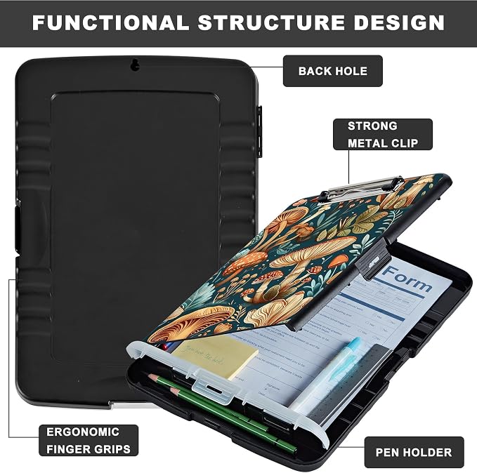 Clipboard with Storage,Storage Clipboard with Pen Holder,Heavy Duty Plastic Storage Clipboard with Low Profile Clip,Teacher Must Haves,Clipboard Folder,Office Supplies,Mushroom -1354