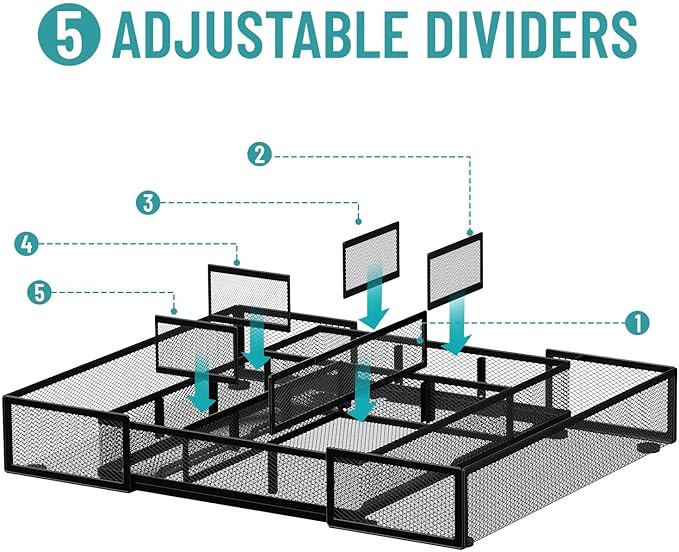 Expandable Desk Drawer Organizer Tray with 10 Adjustable Compartments, Metal Mesh Office Drawer Organizer, Versatile Desk Organizer for Home, School Supplies, Makeup Vanity & Jewelry (Black)