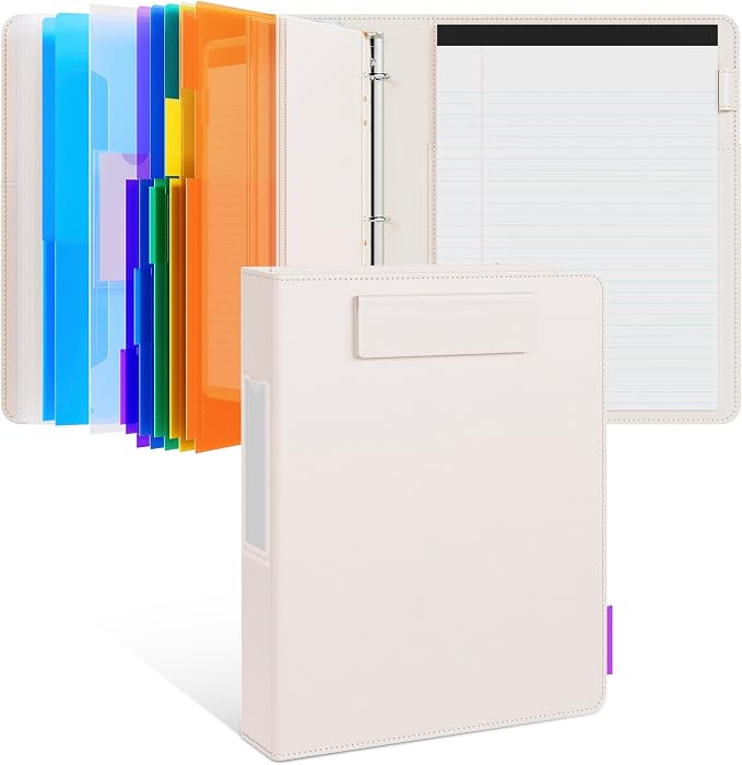 JoyCat 3 Ring Binder Clipboard with Storage, 5 Folders, Beige | 3 ring clipboard portfolio combines five expandable folders, a refillable letter-size notepad and storage
