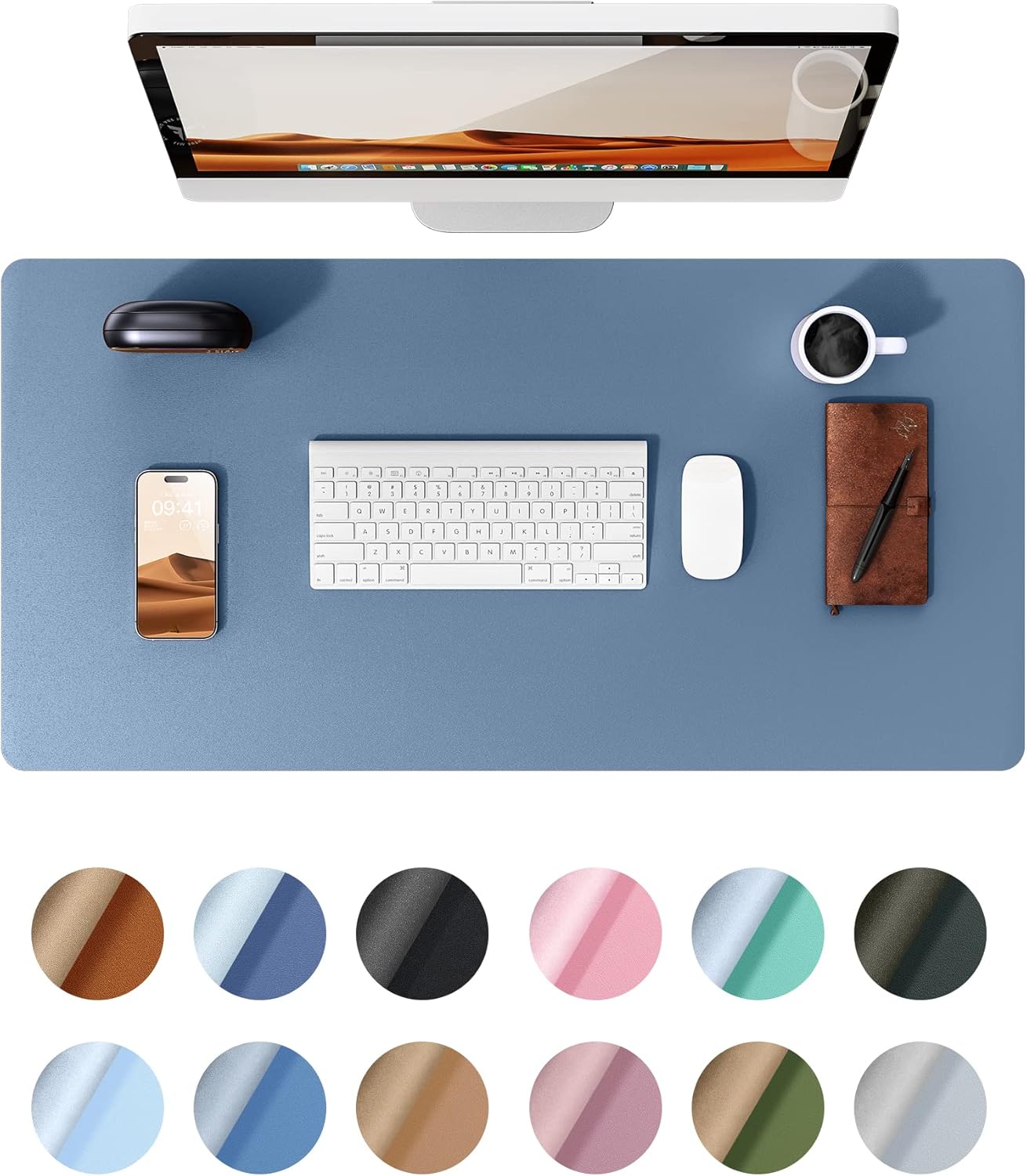 YSAGi Leather Desk Protector, Office Mat, Large Mouse Pad, Non-Slip PU Leather Blotter, Laptop Desk, Waterproof Writing Pad for Office and Home (Blue, 31.5" x 15.8")