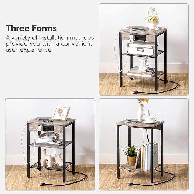 HOOBRO Side Tables Set of 2 with Charging Station and USB Port, Small End Tables for Small Space, 3-Tier Nightstands with Adjustable Shelf, for Living Room, Bedroom, Greige and Black BG112BZP201