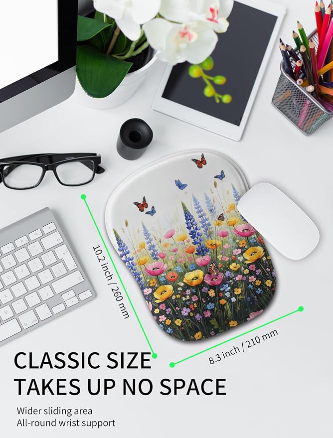 Hokafenle Ergonomic Wrist-Hugging Mouse Pad Wrist Support, U-Shaped Holding Wrist Rest Mousepad for Carpal Tunnel Pain Relief with Cushioned Memory Foam Slope Massage Bulge (10.2x8.3 in,Flowers)