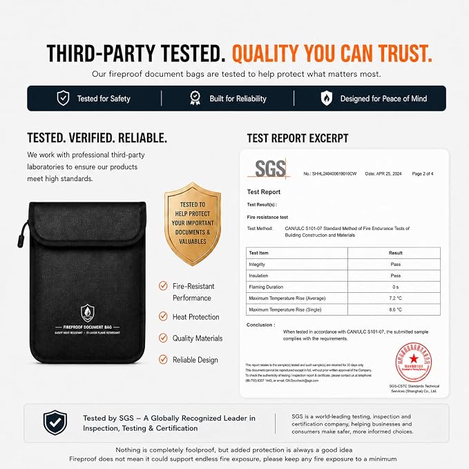 Fireproof Document Bag Set, 6400°F, 15.4x11.2'', 8.7x5.9'' | 12-layer Fireproof & Water Resistant File Bag, Non-itchy Fiberglass, Large File Storage & Money Pouch