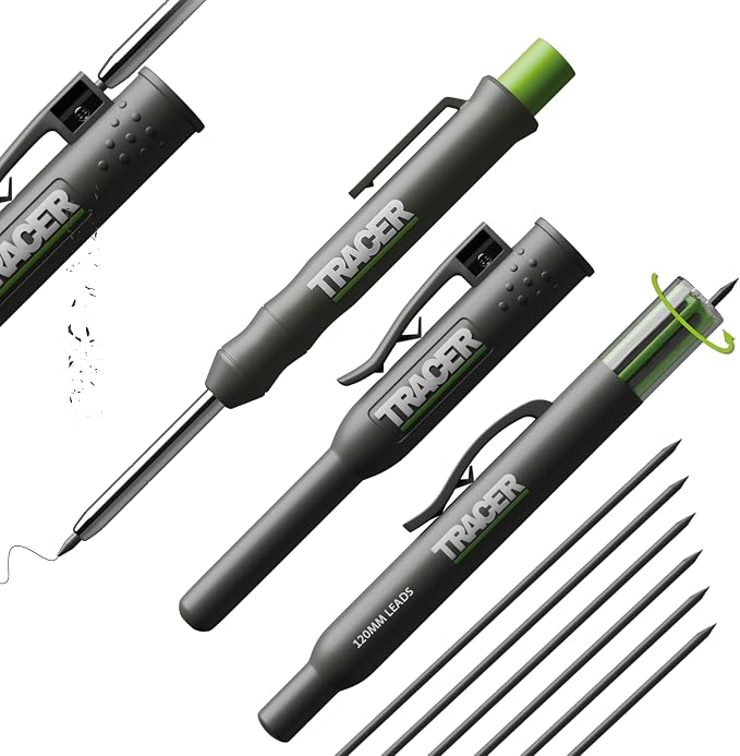 Tracer Mechanical Carpenter Pencils Set with Replacement Lead (6 Pack) - Construction Pencil with Site Holster - All In One Marking Kit for Carpenter Tools Contractor Pencils - AMK1 | Holster with Belt Clip and Carpenter Pencil Sharpener, 6 Pack of 2.8...