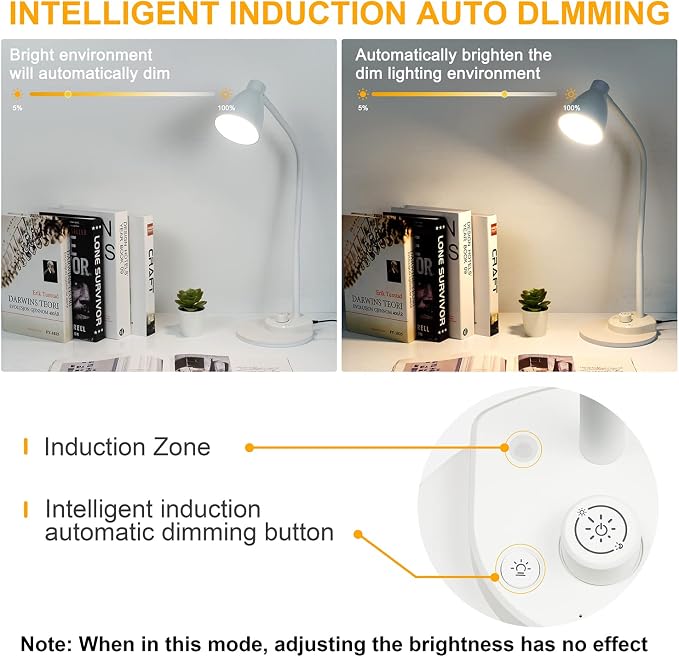 BOHON LED Desk Lamp with USB Charging Port, 3 Color Modes Dimmable, White | Reading Lamp, Auto Dimming Task Lamp, Flexible Neck Table Light for Dorm Bedside, Adapter Include