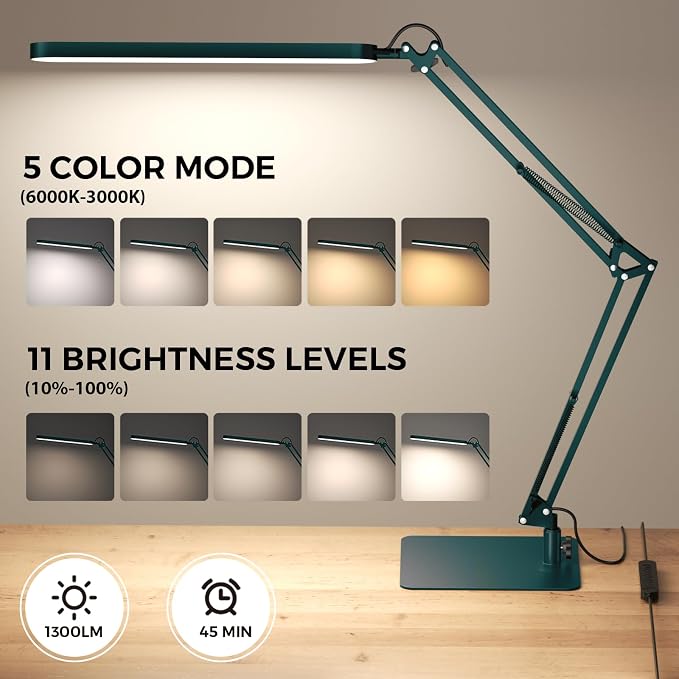 LED Desk Lamp with Slim Base - Adjustable Swing Arm Desk Light, Dimmable, Timer, Eye Protection, Memory Function, 1300LM, 12W, Green
