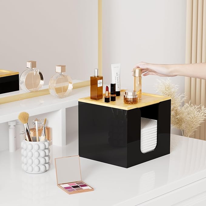 VITVITI Disposable Face Towel Holder for Clean Skin Club, Acrylic Box Black | 50 XL Face Towels Holder Container, Facial Towel Storage with Bamboo Lid, for Bathroom, Vanity Makeup