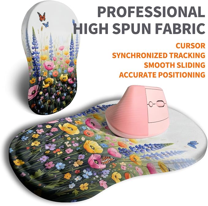 Ergonomic Joint Wrist Support Mouse Pad with Memory Foam Cushion Massage Bump, Carpal Tunnel Pain Relief Mousepad Slope Design for Wrist Rest, 11.8x7.9 in, Wild Flower