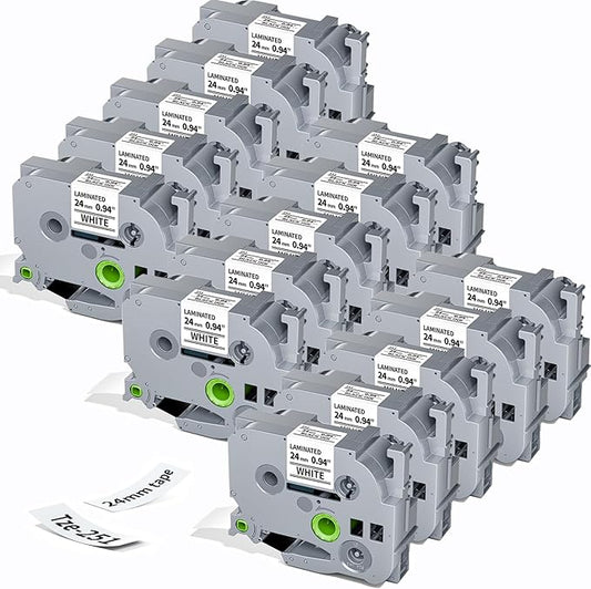 Label KINGDOM Compatible with Brother PTouch 24mm 0.94”(~1") TZe-251 Laminated White Label Maker TZ Tape, for PT-D610BT D600 E500 P710BT PTP750W, Tze251, 15-Pack