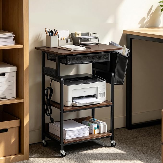 Printer Stand, 3-Tier Rolling Printer Cart with Storage Shelf, Drawers | With Power Outlet, Usb-C, Filing Pockets, Table Desk Organizer For Office Home, Printer, Scanner, Fax, microwave ovens