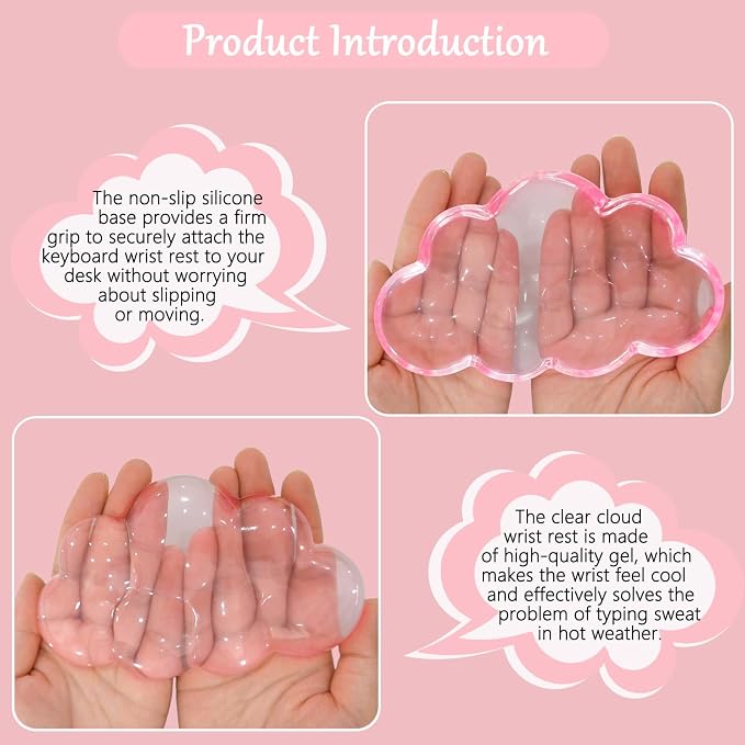 Acrylic Computer Keyboard Stand with Gel Cloud Wrist Rest Keyboard Riser with Comfortable Clear Silicone Mouse Wrist Pad Ergonomic Tilted Transparent Keyboard Holder for Desktop Office Hot Pink