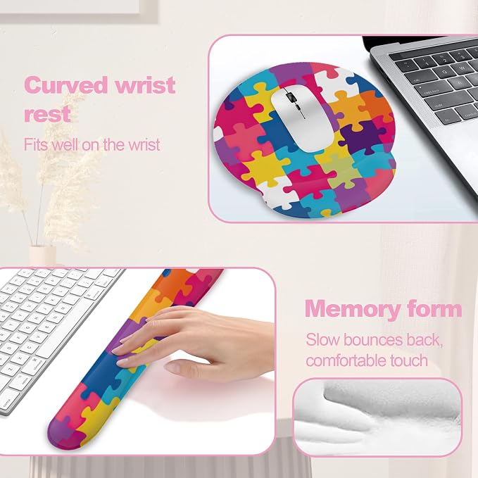 Autism Awareness Puzzle Colorful Keyboard Wrist Rest Pad and Mouse Pad Wrist Support Set,3-in-1 Ergonomic Mouse Pad with Non-Slip Rubber Base for Home Office Game Computers Desk,