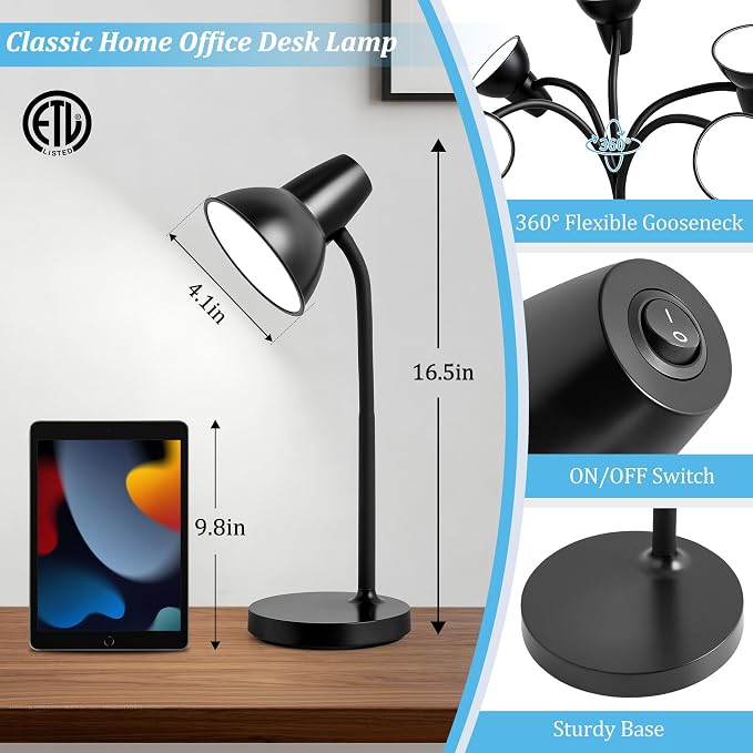 LED Desk Lamps for Home Office, Flexible Gooseneck Eye-Caring Study Lamps | Energy-Saving Desk Light, Anti-tip Heavy Duty Bedside Reading Light, Desk Lamps for College Dorm, Home Office, with 1.6m Cord