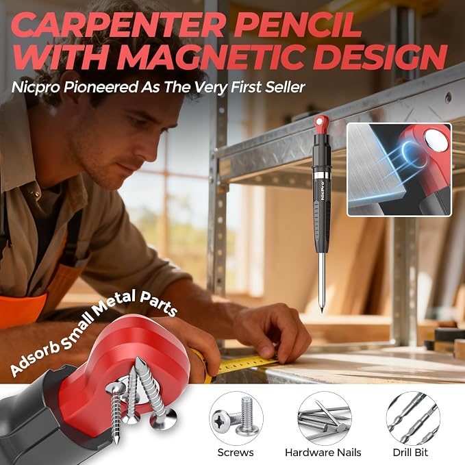 Nicpro CP5000 Magnetic Carpenter Pencils with Sharpener and Holster, 1 Pack | 2.8mm Construction Pencil+10 Refills, Deep Hole Marker for Construction, Woodworking Pencils with Strong Magnet Pickup Cap