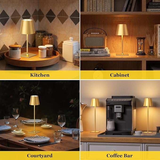 Kakanuo Gold Cordless Rechargeable Table Lamp 5000mAh Battery Operated Lamps, 3 Colors Stepless Dimming Touch Lamp for Dining, Living Room, Outdoor Patio, Kitchen Counter, 4 Pack