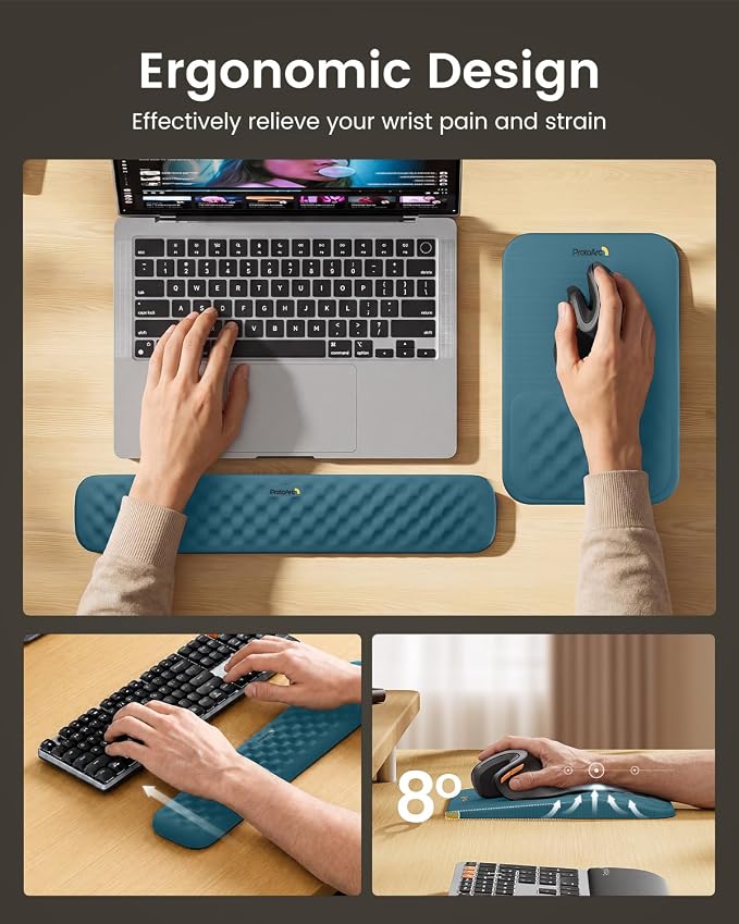 ProtoArc KMP50 Ergonomic Mouse Pad with Wrist Rest, Lycra Surface, Blue | 8° slope & massage points with slow-rebound memory foam, Non-slip base. Relieves wrist strain for office & home