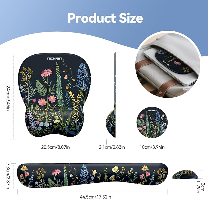 TECKNET Gel Ergonomic Mouse Pad & Keyboard Wrist Rest & Coaster | 3 in 1 Set, Pain Relief, Milk Silk Cloth, Non-Slip PU Base, Easy Typing, Memory Foam Wrist Support for Office & Home