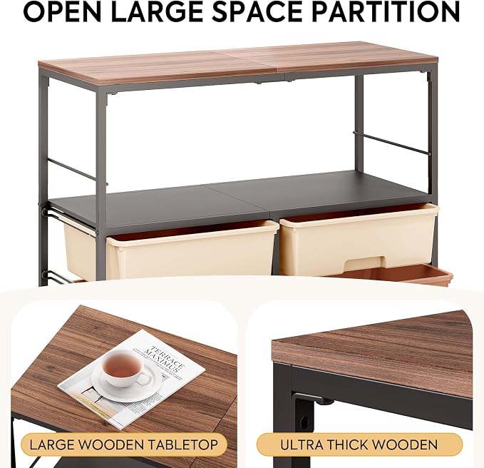 Rolling Storage Cart with 8 Large Drawers, Wooden Tabletop | Open Storage Shelves, Mobile Craft Organizer with Lockable Wheels for Home, Classroom, Office Supplies & Art Studio,Brown