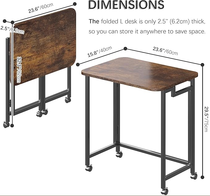 4NM 23.6" Mobile Small Rolling Computer Desk, Folding Laptop Cart Table with Wheels, Portable Office Desk for Small Space Couch Bed - Rustic Brown and Black