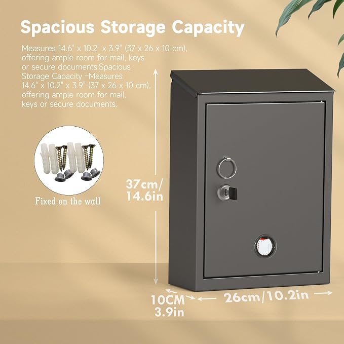 Mailbox with Combination & Key Unlock, Metal Mail Boxes Suggestion Box Wall Mount, Business Key Drop Box, Locking Post Box for House, Weatherproof, Large Capacity 14x4x10in,Black