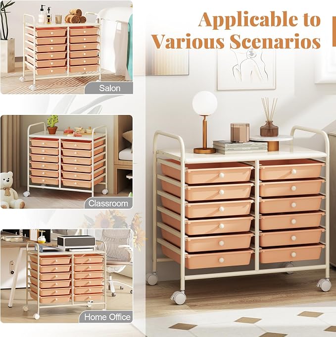 RELAX4LIFE 12-Drawer Rolling Storage Cart - Mobile Utility Cart on Wheels for School Classroom Teacher Office Salon, Paper File Art Supply Craft Organizer, Rolling Cart with Drawers (Pink)