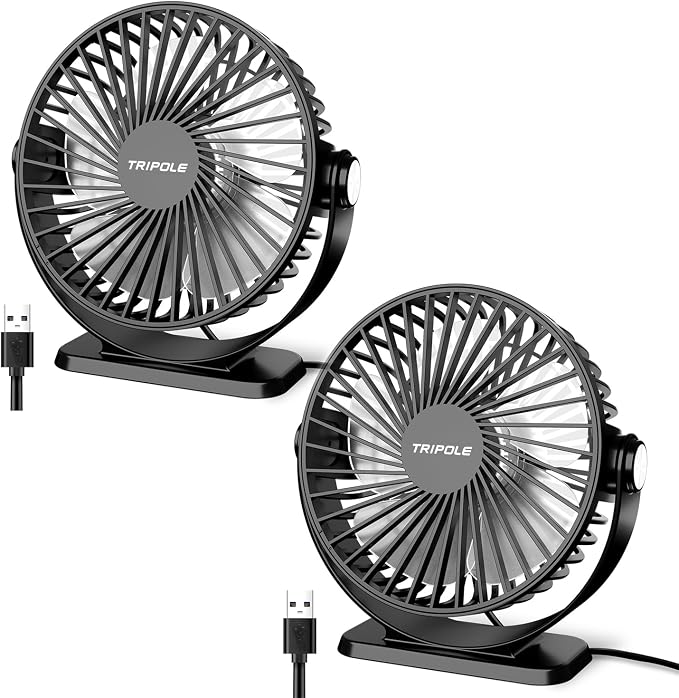 TriPole Small Desk Fan 2 Pack USB Powered Mini Portable Fan 360°Rotation | 3 Speeds Plug In USB Desk Fan Strong Airflow, 5.1" Small Quiet Personal Fan for Home Office Bedroom Hotel Travel, 4.9ft Cable