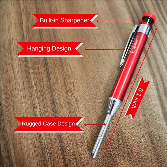 Red Premium EXcraft Metal Mechanical Carpenter Pencil Deep Hole with Built-in Sharpener For Architect Construction Carpentry Making Scribe Tools