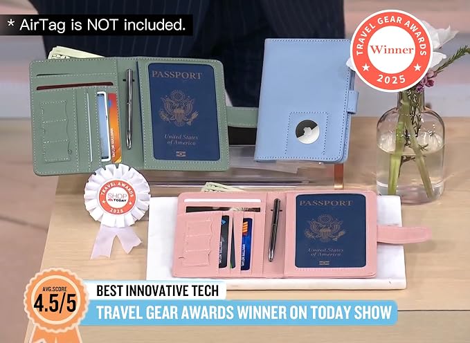GOAUS Passport Holder for Travel with AirTag Slot, Passport Book Wallet | Cards Cash Pocket, RFID Blocking, Waterproof, Passport Case, Travel Gifts for Women Men, Faux Leather, AirTag Not Included