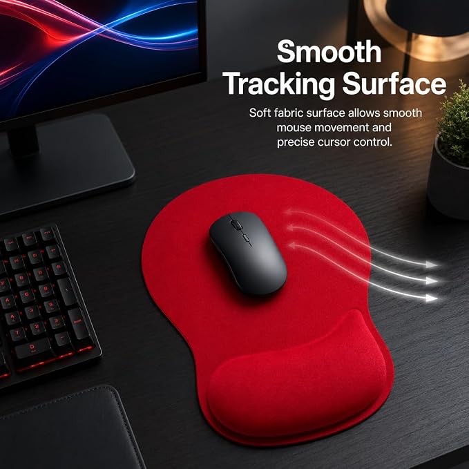 Mouse Pad with Wrist Rest Ergonomic Memory Foam Support, Non-Slip Rubber Base, Comfortable Typing Cushion for Home Office Computer Laptop, Red