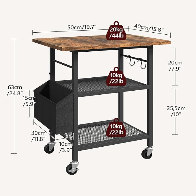 MAHANCRIS 3-Tier Printer Stand, Rolling Printer Table on Wheels, Industrial Storage Stand with Side Pocket, Wooden Tabletop, 2 S-Shaped Hooks, for Home Office, Rustic Brown and Black PTHR2501